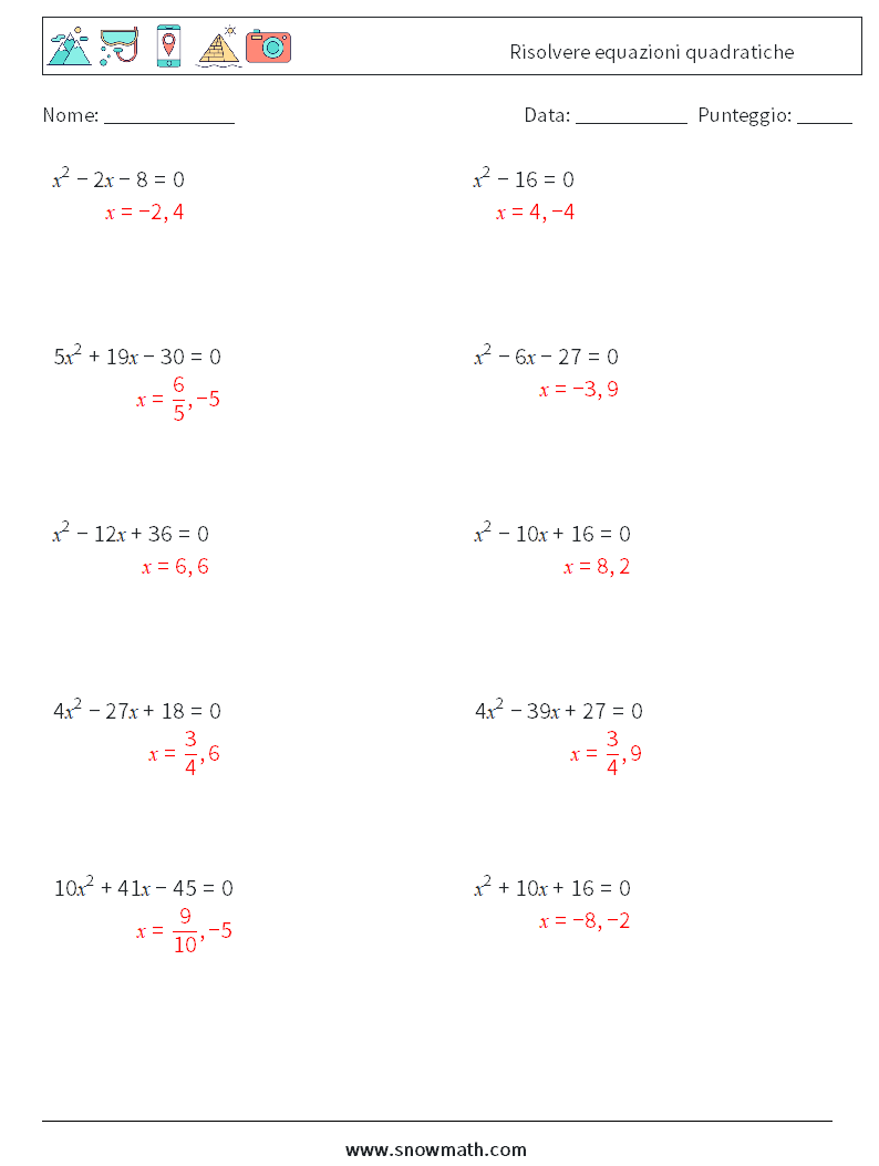 Risolvere equazioni quadratiche Fogli di lavoro di matematica 1 Domanda, Risposta