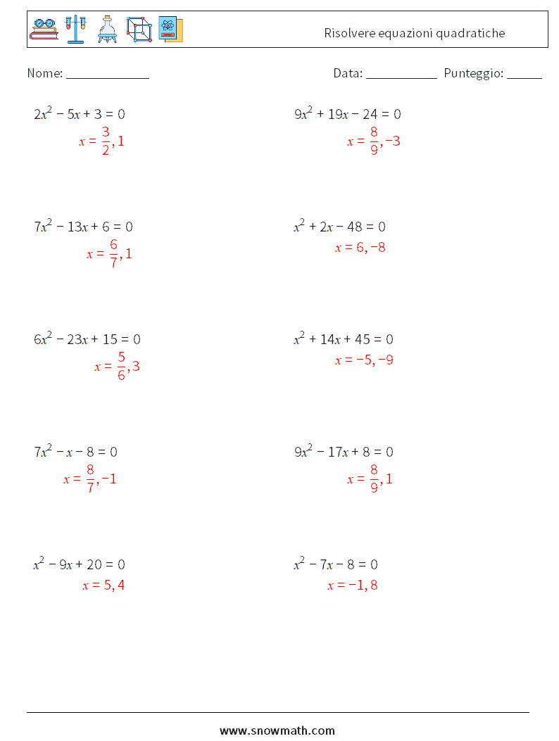 Risolvere equazioni quadratiche Fogli di lavoro di matematica 2 Domanda, Risposta