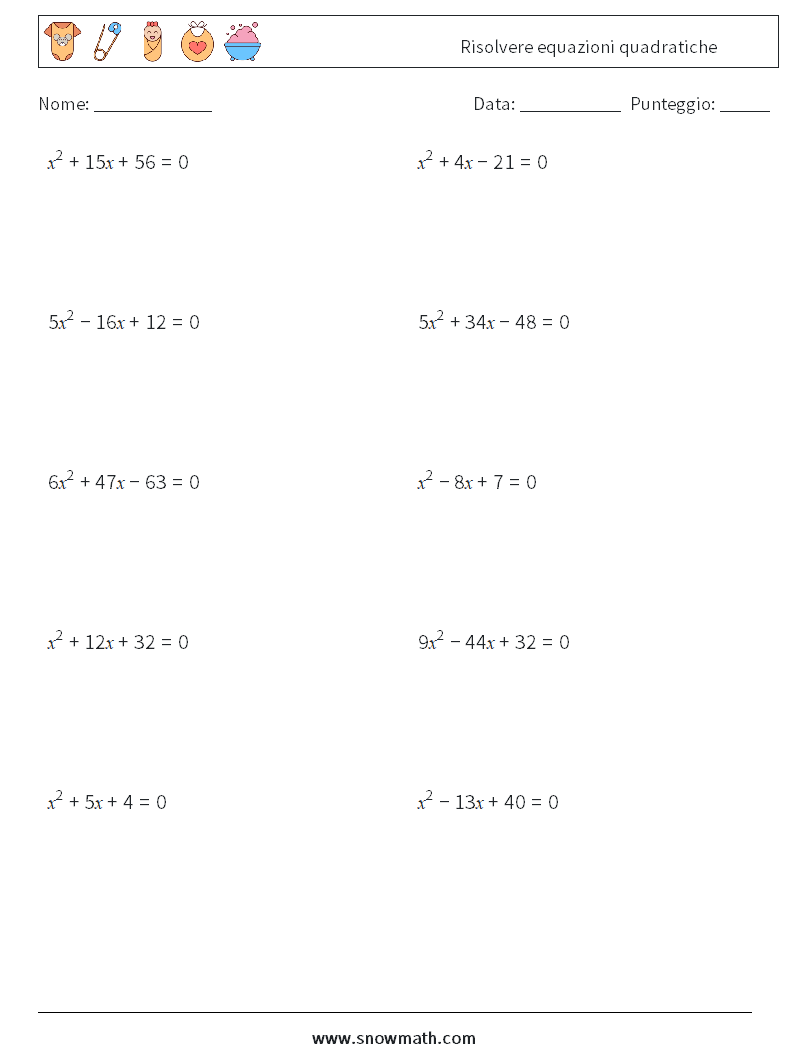Risolvere equazioni quadratiche Fogli di lavoro di matematica 3