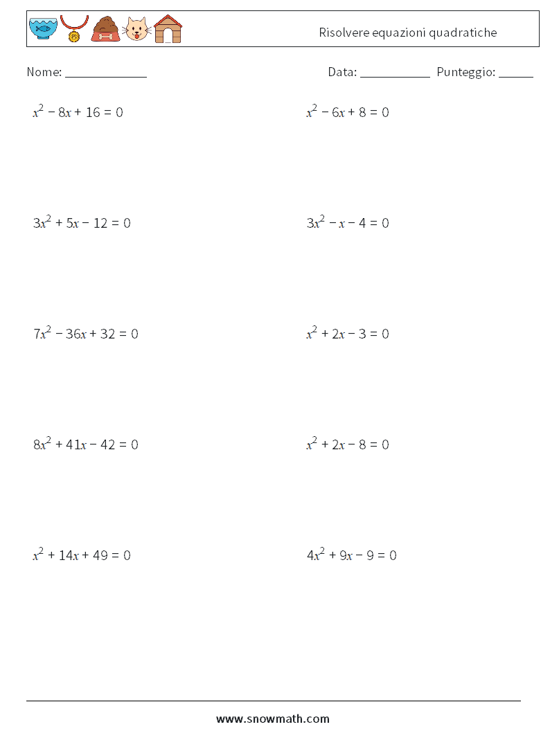 Risolvere equazioni quadratiche Fogli di lavoro di matematica 4