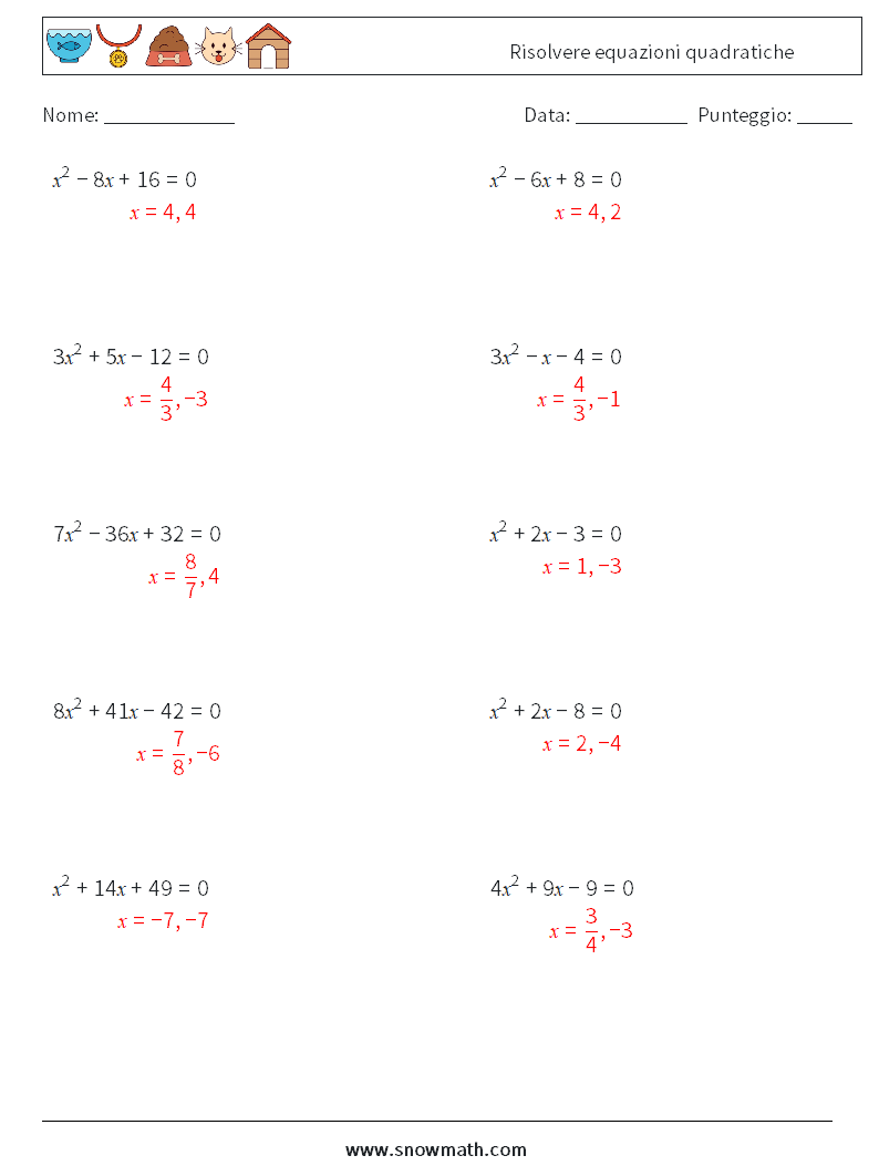 Risolvere equazioni quadratiche Fogli di lavoro di matematica 4 Domanda, Risposta