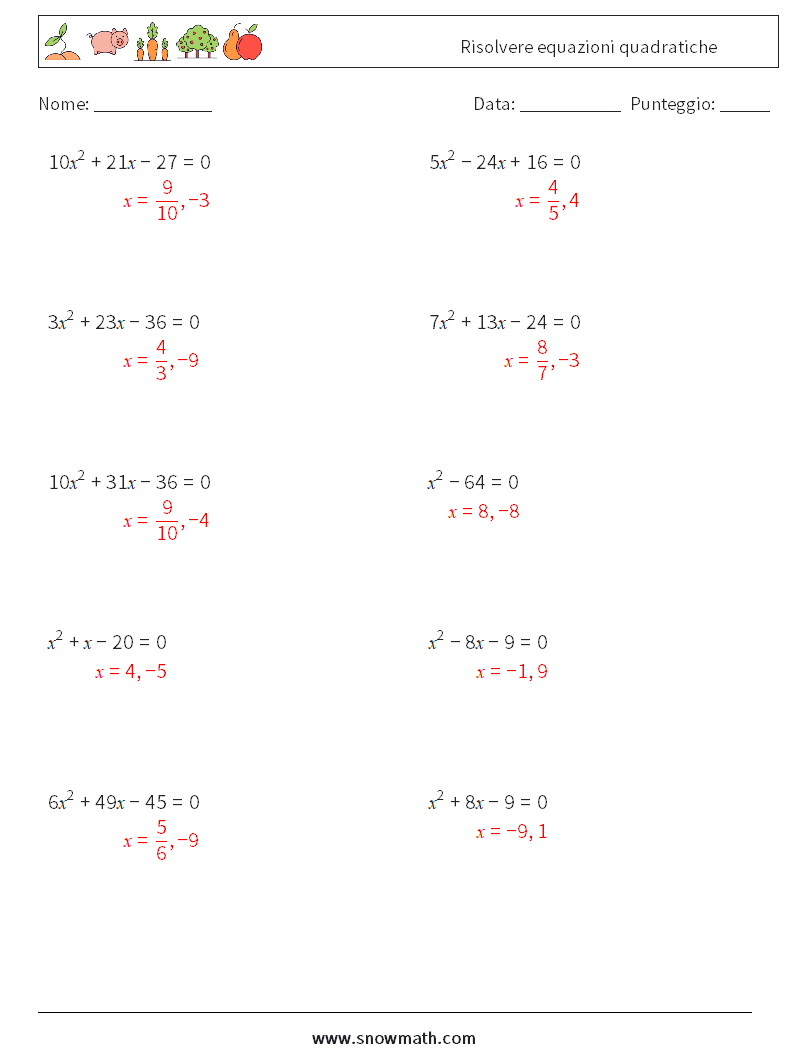 Risolvere equazioni quadratiche Fogli di lavoro di matematica 6 Domanda, Risposta