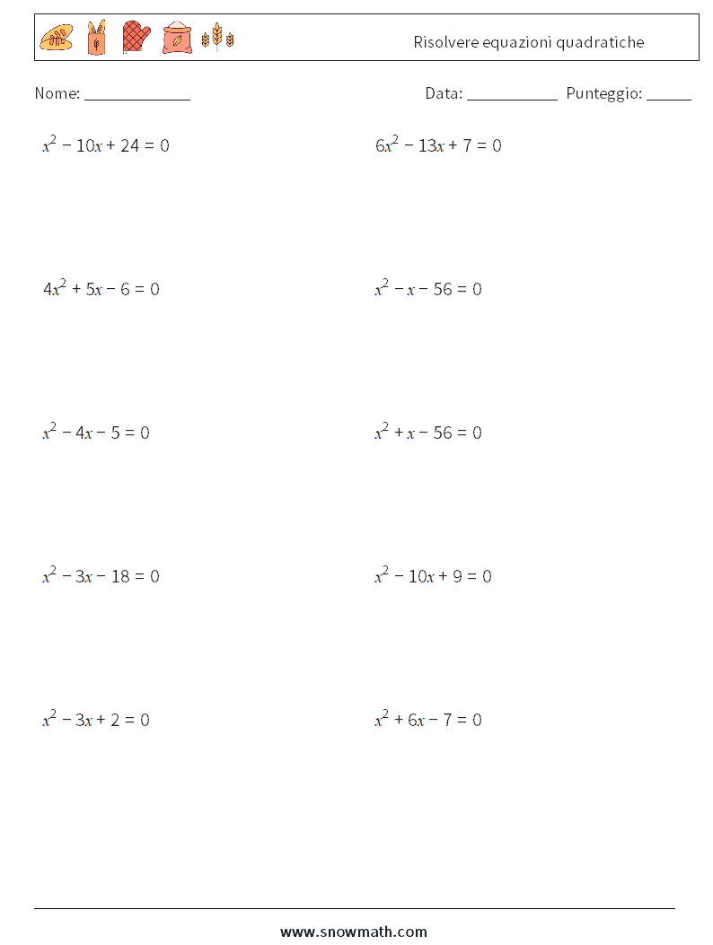 Risolvere equazioni quadratiche Fogli di lavoro di matematica 7