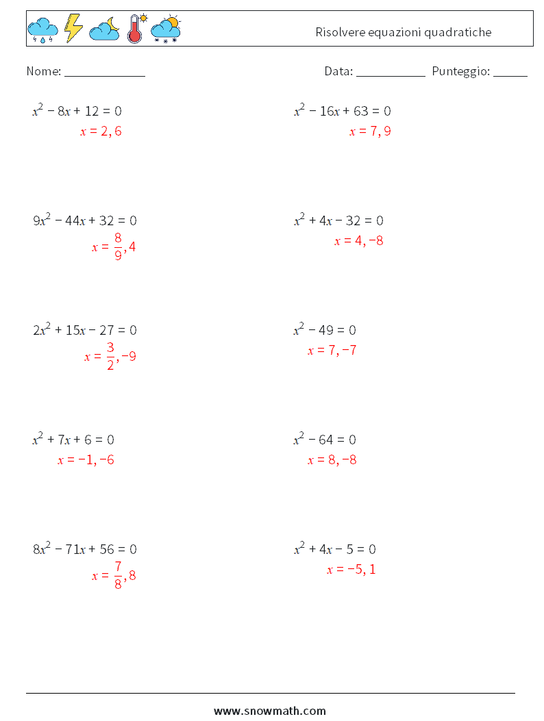 Risolvere equazioni quadratiche Fogli di lavoro di matematica 8 Domanda, Risposta