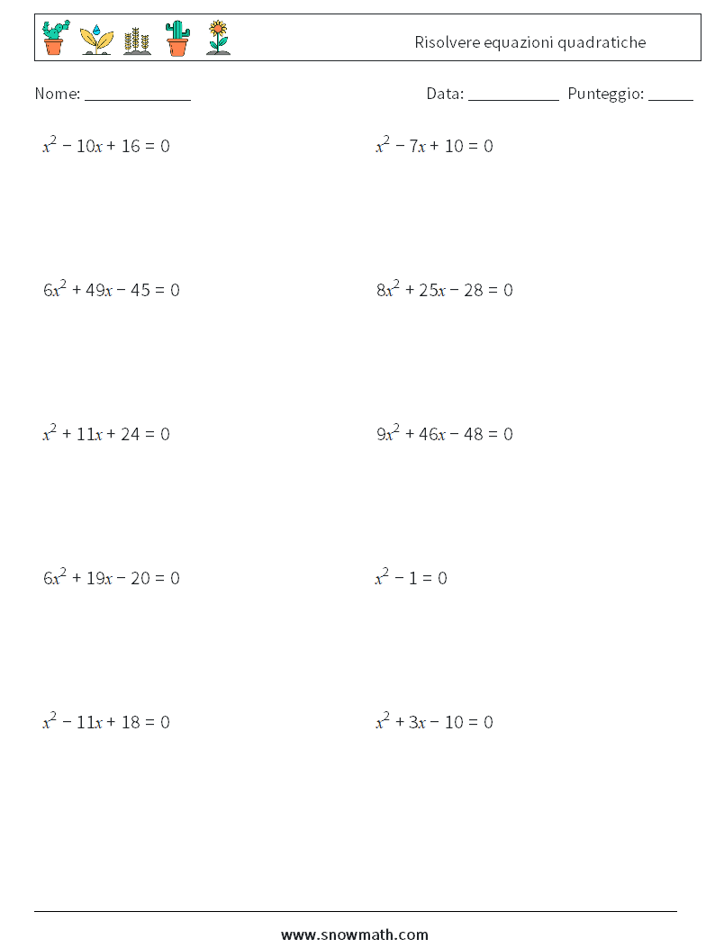 Risolvere equazioni quadratiche Fogli di lavoro di matematica 9