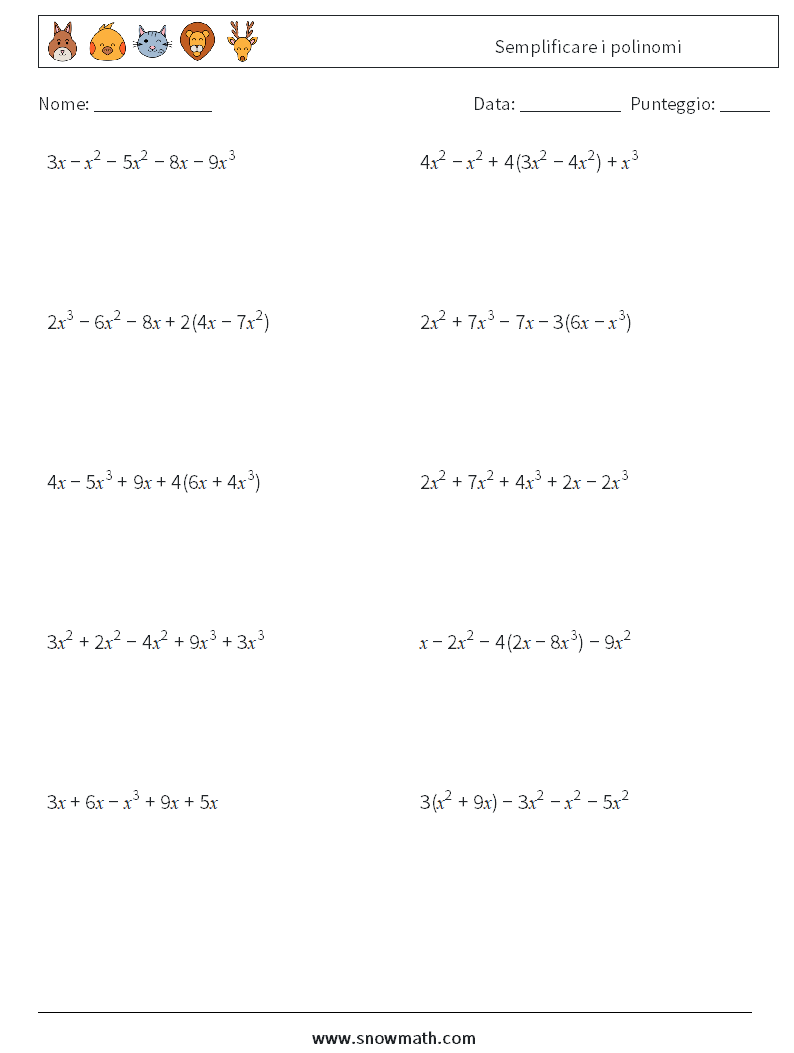 Semplificare i polinomi Fogli di lavoro di matematica 2