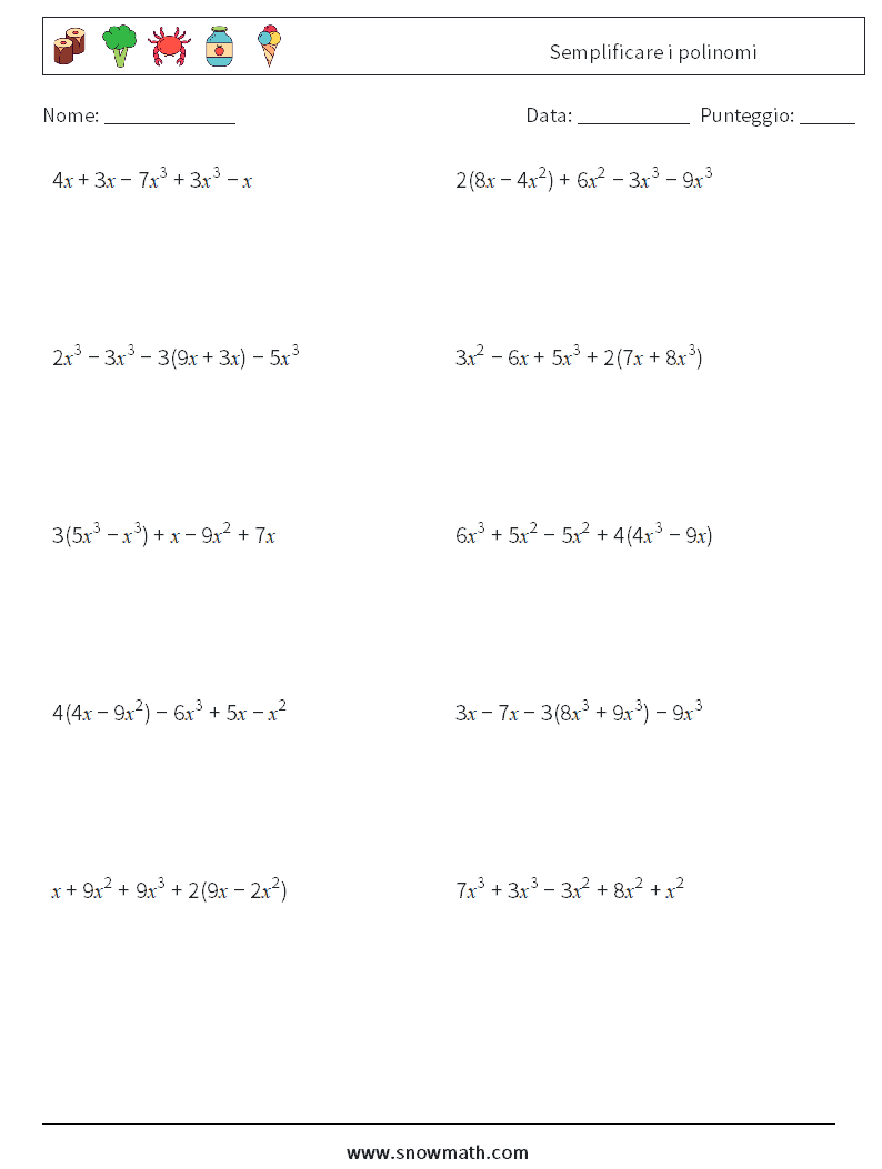 Semplificare i polinomi Fogli di lavoro di matematica 4