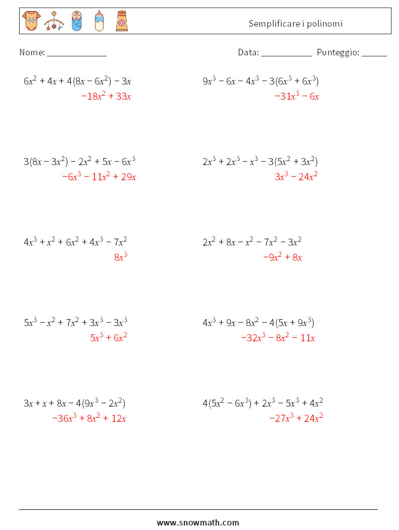 Semplificare i polinomi Fogli di lavoro di matematica 5 Domanda, Risposta