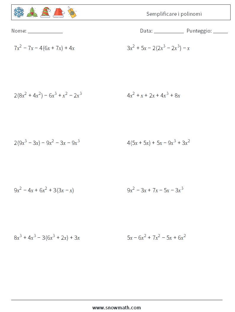 Semplificare i polinomi Fogli di lavoro di matematica 7