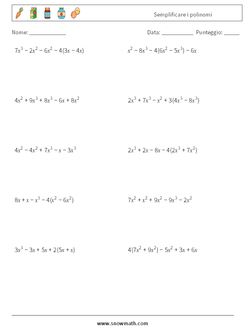 Semplificare i polinomi Fogli di lavoro di matematica 9