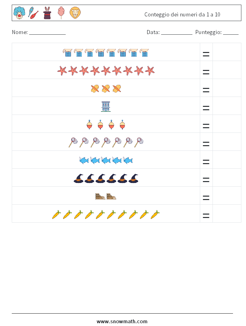 Conteggio dei numeri da 1 a 10 Fogli di lavoro di matematica 10