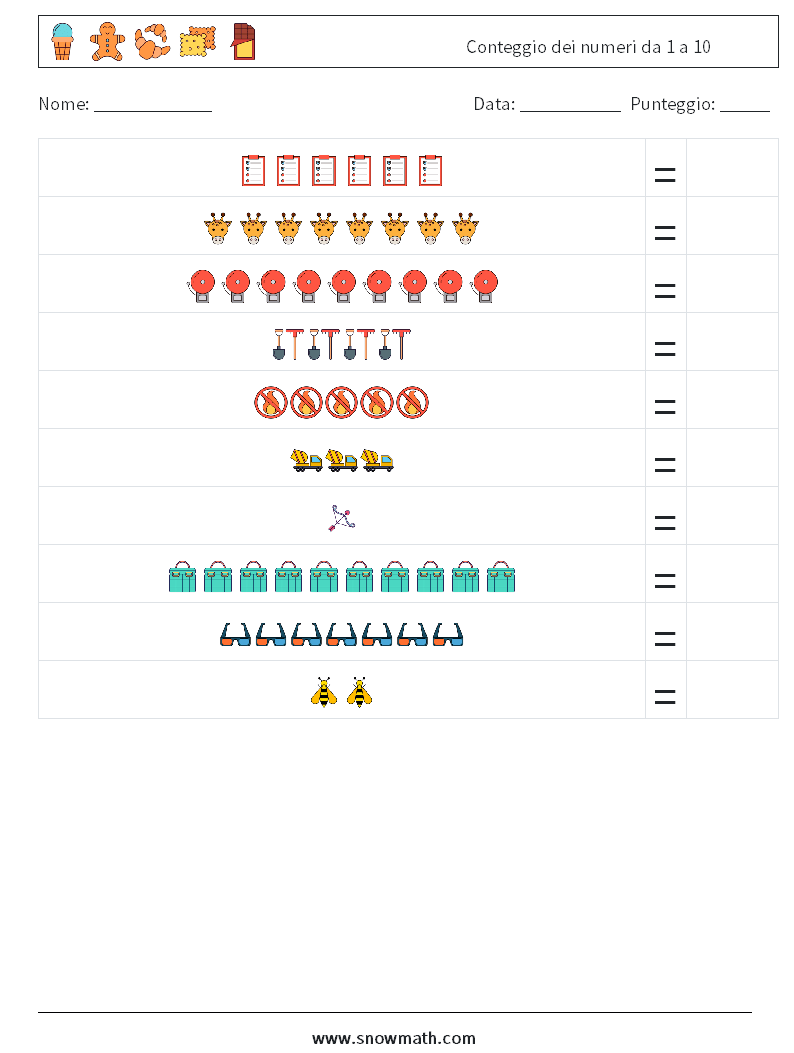 Conteggio dei numeri da 1 a 10 Fogli di lavoro di matematica 11