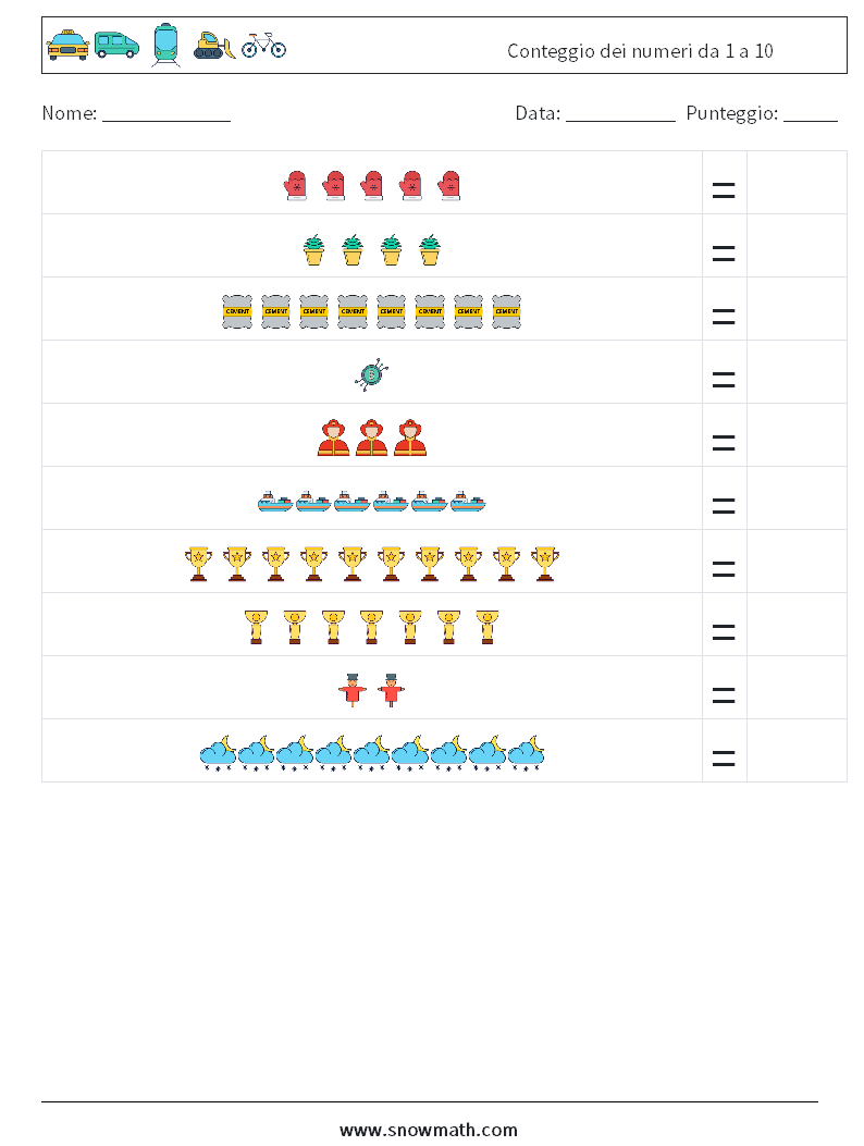 Conteggio dei numeri da 1 a 10 Fogli di lavoro di matematica 12