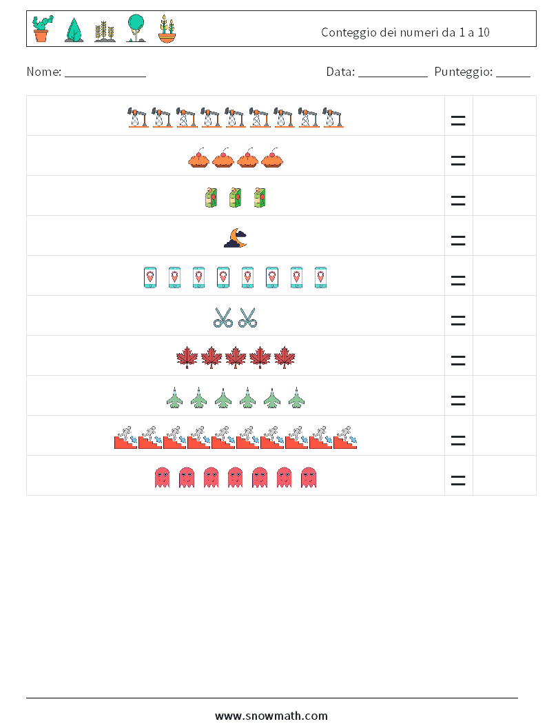 Conteggio dei numeri da 1 a 10 Fogli di lavoro di matematica 13