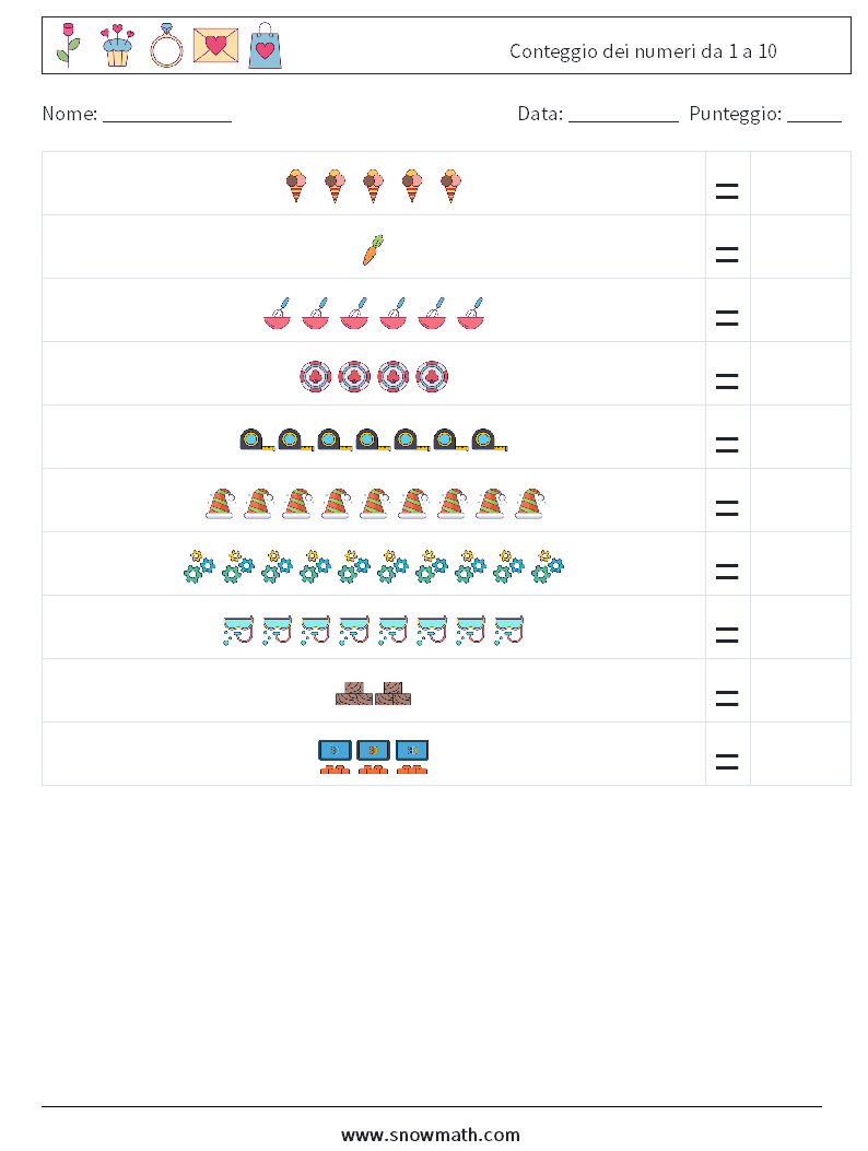 Conteggio dei numeri da 1 a 10 Fogli di lavoro di matematica 16