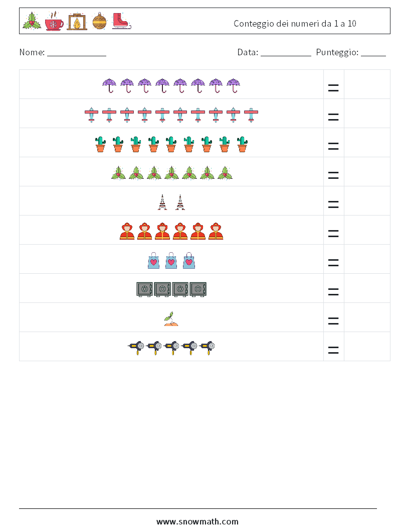 Conteggio dei numeri da 1 a 10 Fogli di lavoro di matematica 18