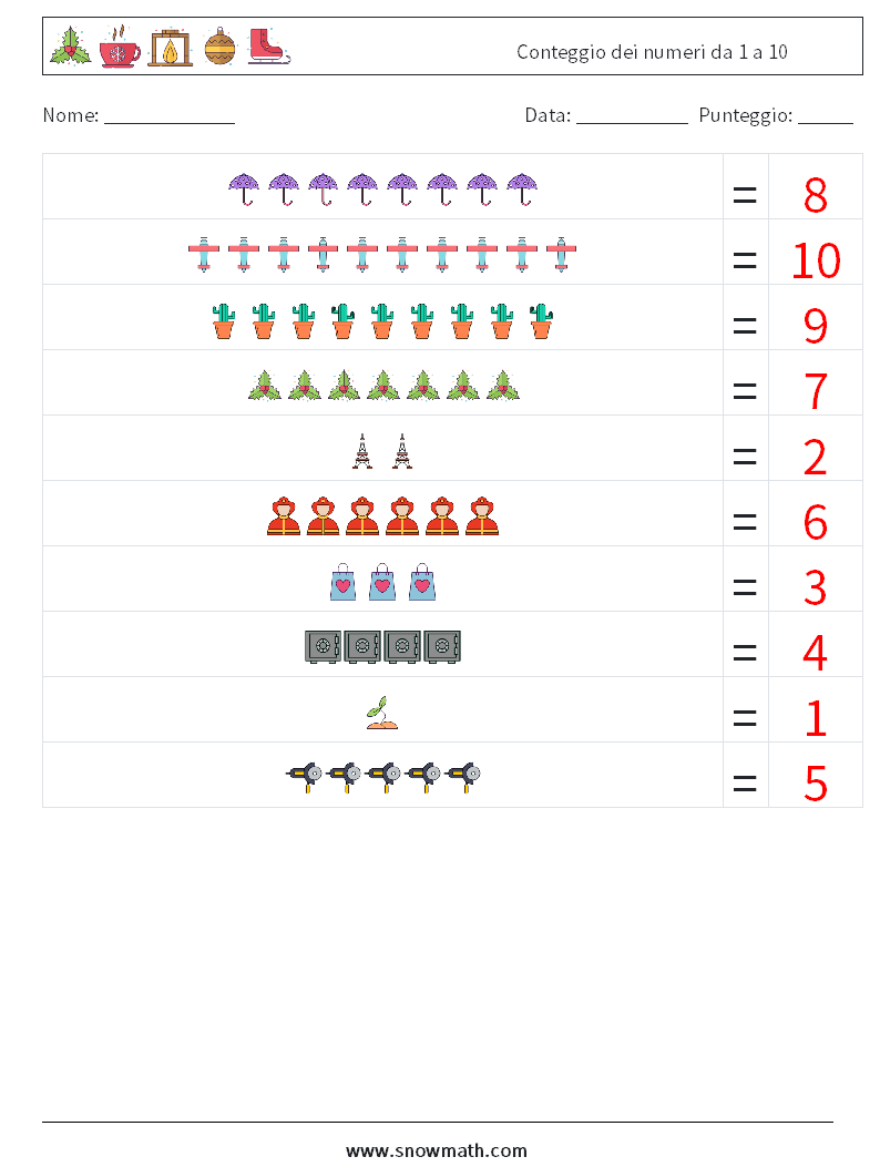 Conteggio dei numeri da 1 a 10 Fogli di lavoro di matematica 18 Domanda, Risposta