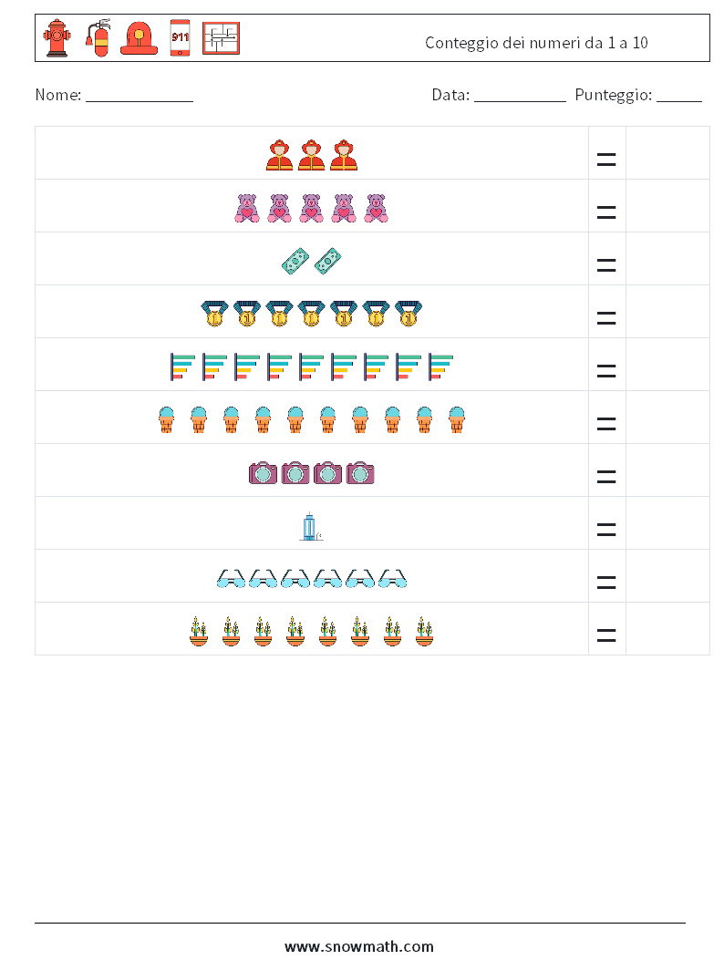 Conteggio dei numeri da 1 a 10 Fogli di lavoro di matematica 2