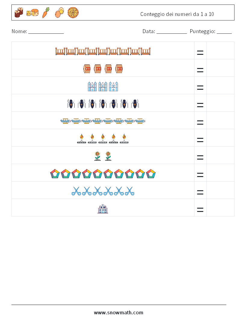 Conteggio dei numeri da 1 a 10 Fogli di lavoro di matematica 3