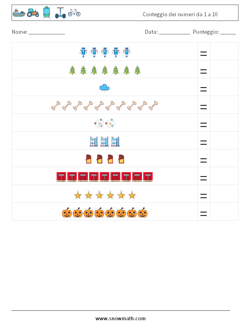 Conteggio dei numeri da 1 a 10 Fogli di lavoro di matematica 4