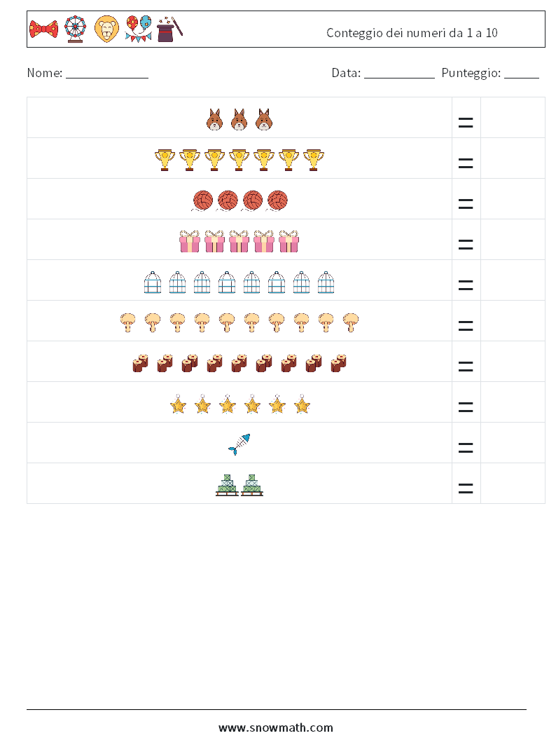 Conteggio dei numeri da 1 a 10 Fogli di lavoro di matematica 5