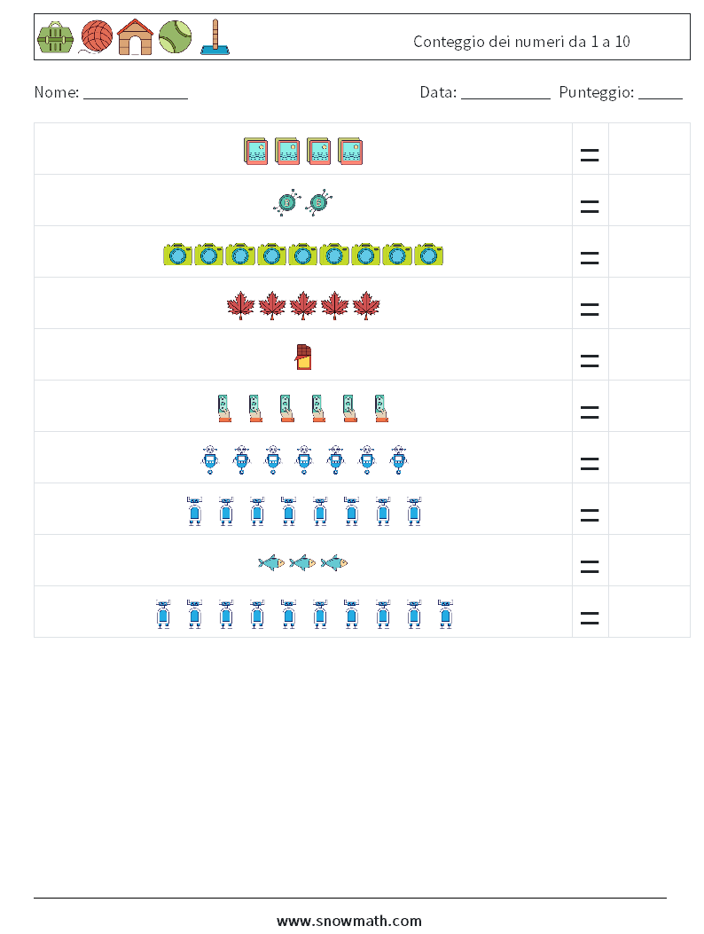 Conteggio dei numeri da 1 a 10 Fogli di lavoro di matematica 6