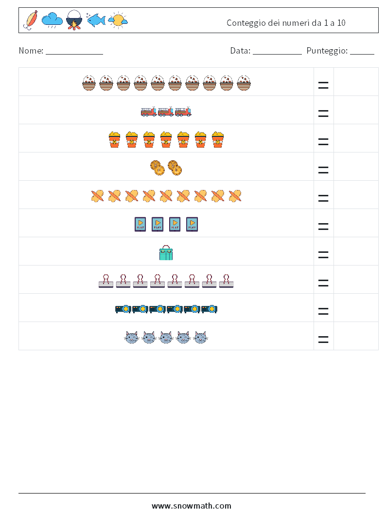 Conteggio dei numeri da 1 a 10 Fogli di lavoro di matematica 7