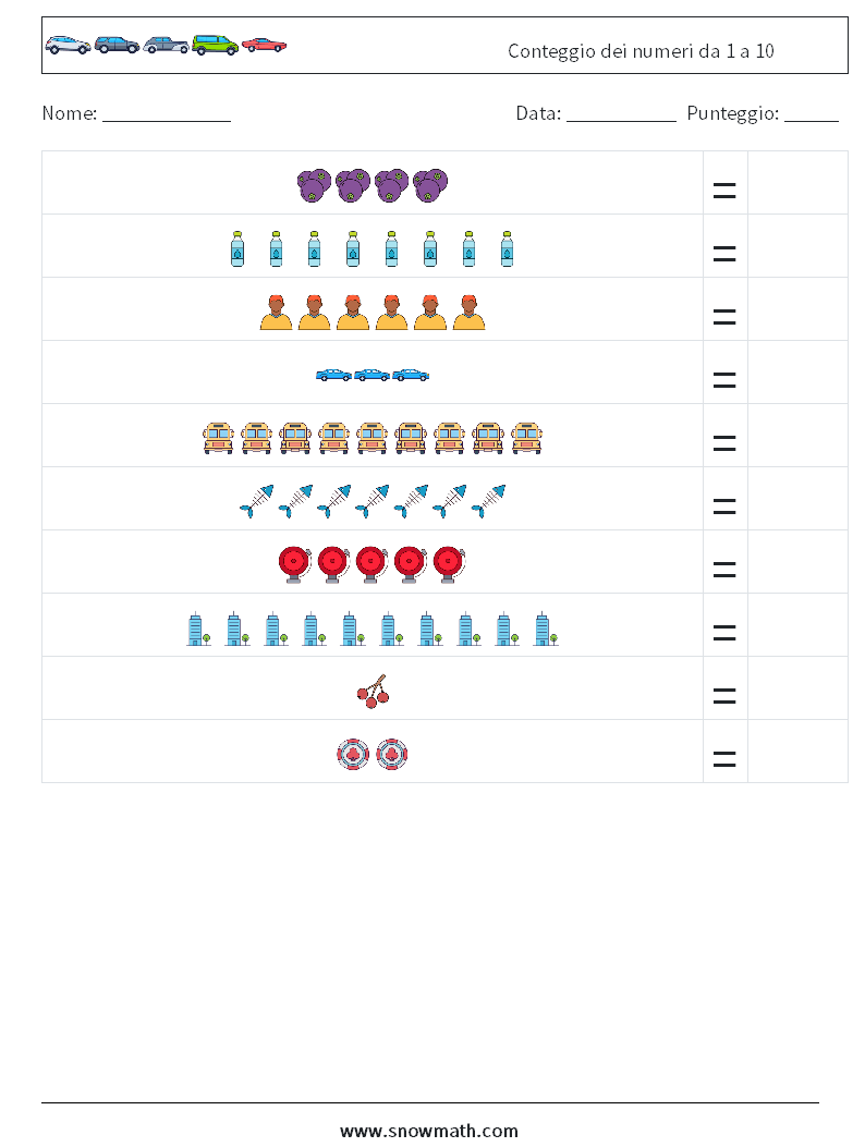 Conteggio dei numeri da 1 a 10 Fogli di lavoro di matematica 8