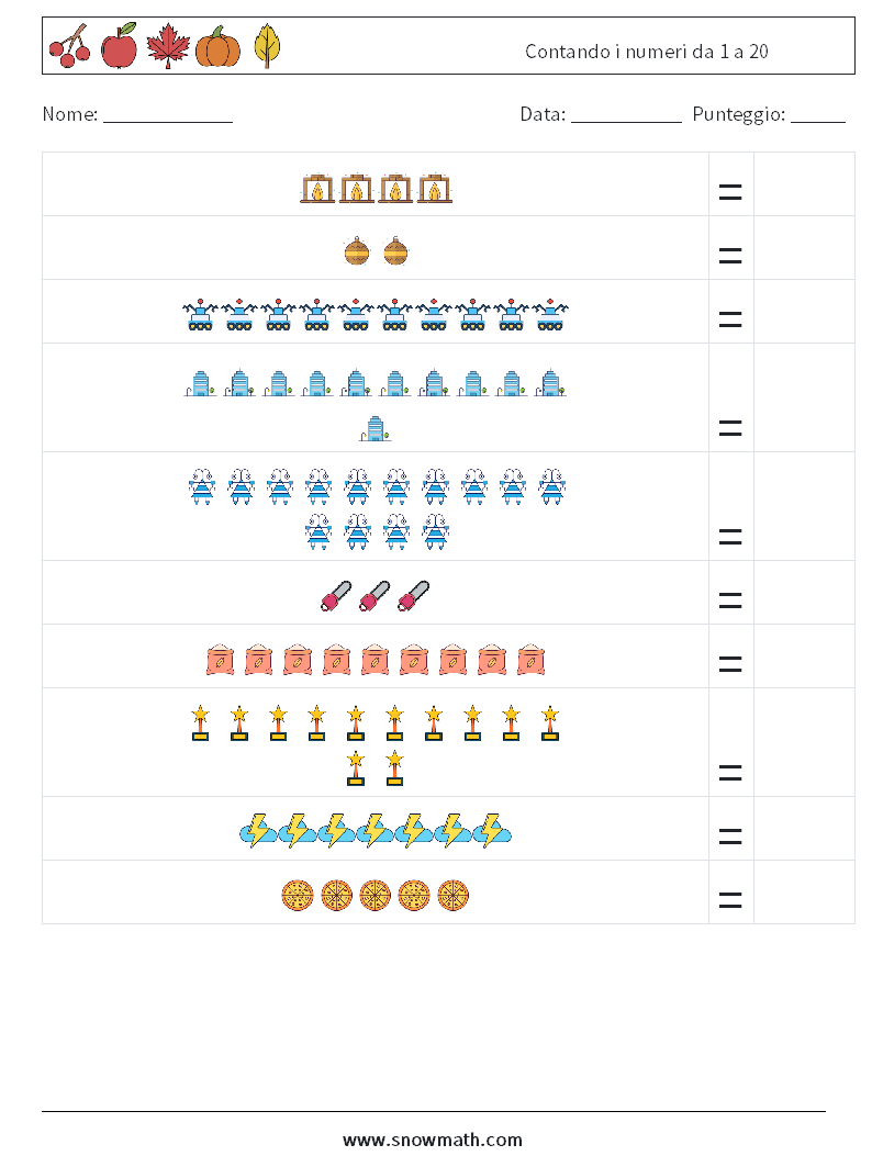 Contando i numeri da 1 a 20 Fogli di lavoro di matematica 1