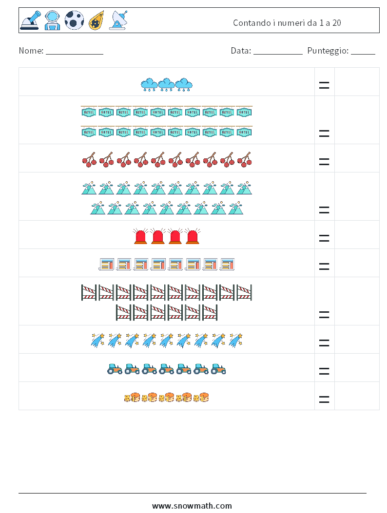 Contando i numeri da 1 a 20 Fogli di lavoro di matematica 10