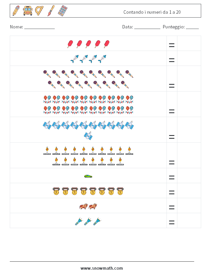 Contando i numeri da 1 a 20 Fogli di lavoro di matematica 12