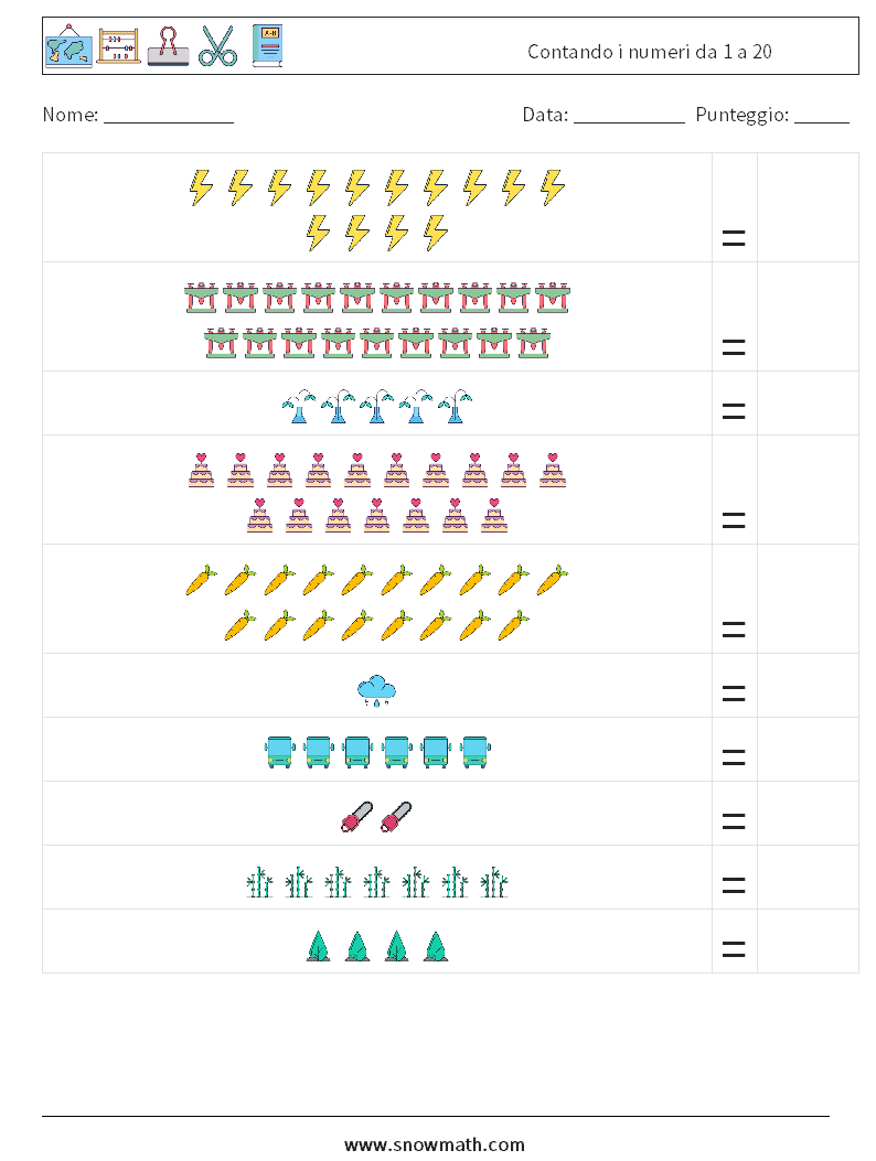 Contando i numeri da 1 a 20 Fogli di lavoro di matematica 13