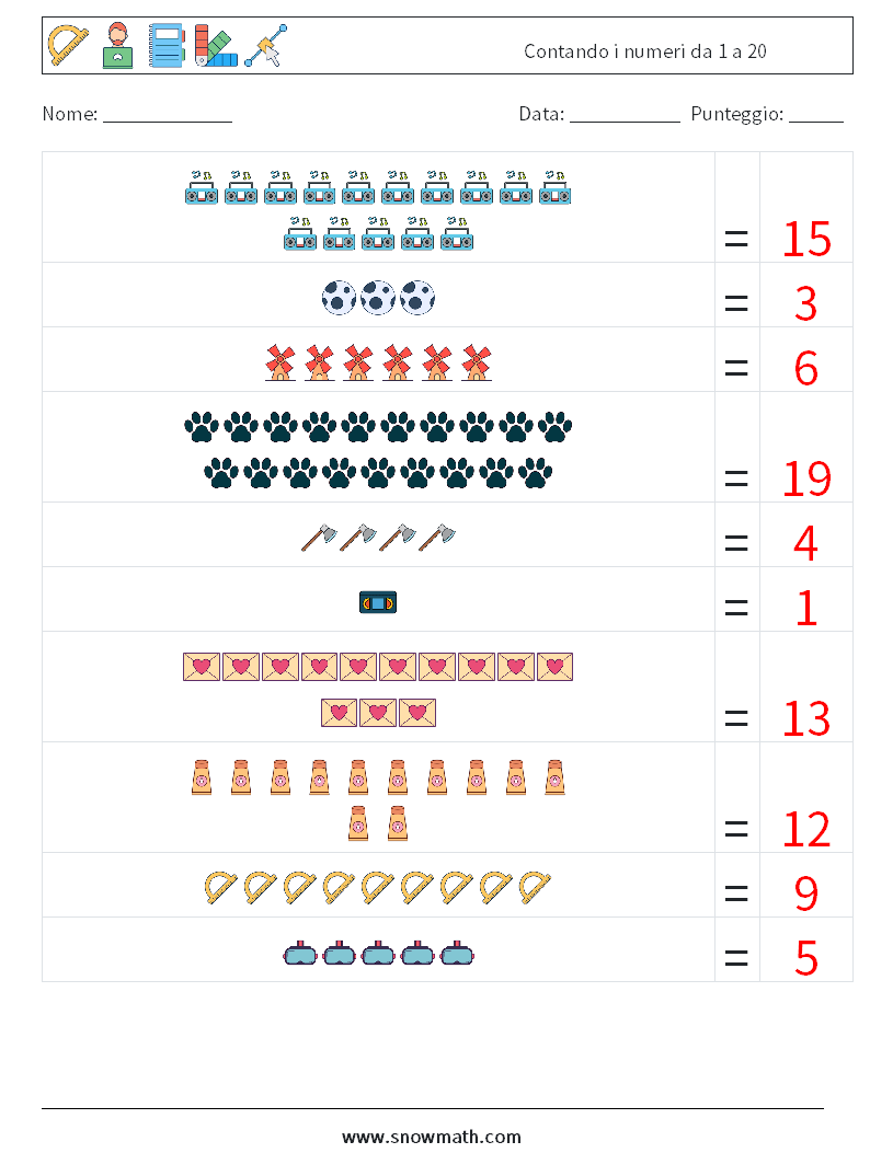 Contando i numeri da 1 a 20 Fogli di lavoro di matematica 14 Domanda, Risposta