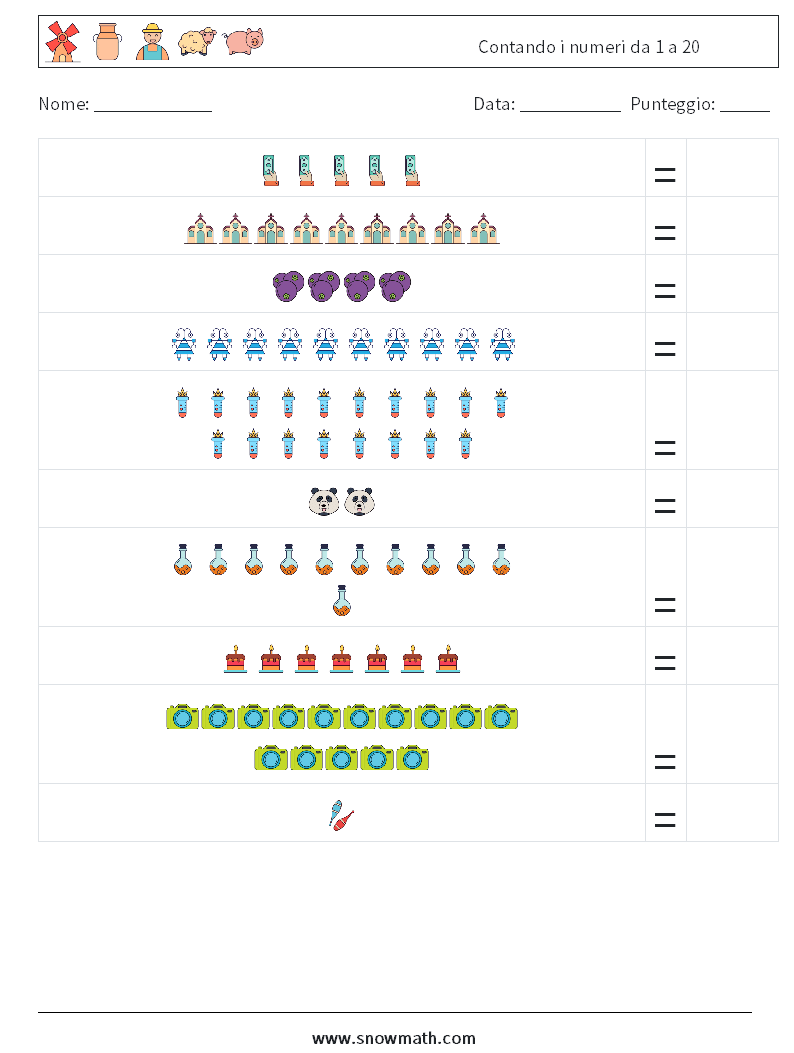 Contando i numeri da 1 a 20 Fogli di lavoro di matematica 16