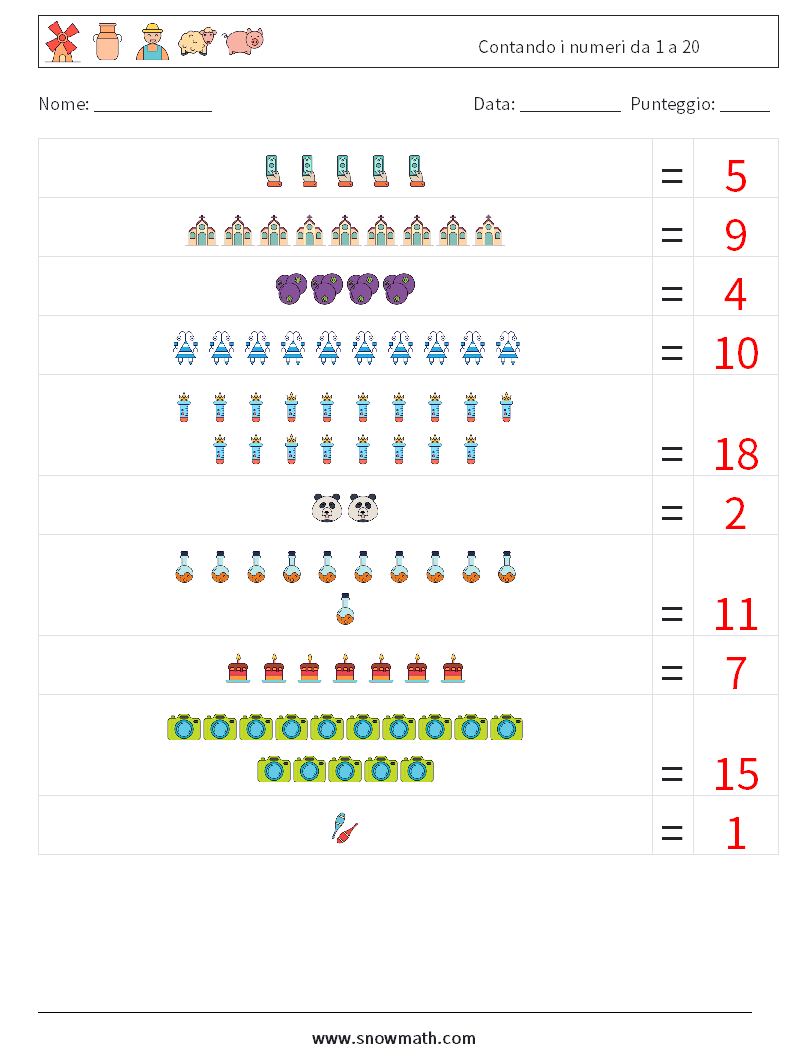 Contando i numeri da 1 a 20 Fogli di lavoro di matematica 16 Domanda, Risposta