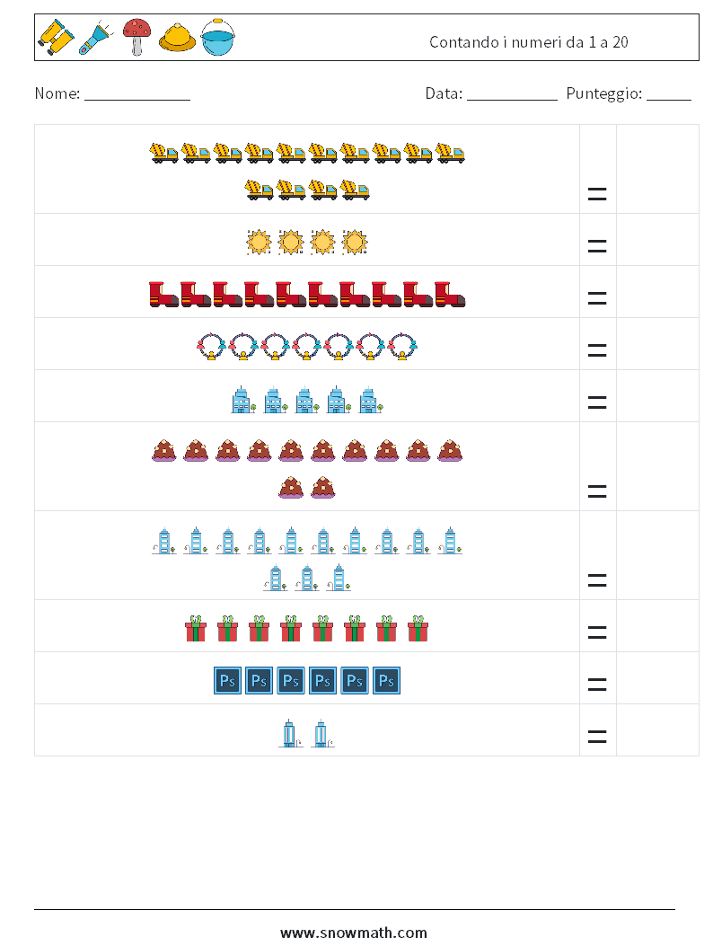 Contando i numeri da 1 a 20 Fogli di lavoro di matematica 17