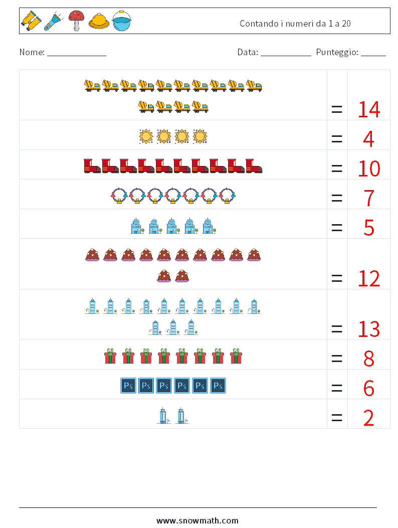 Contando i numeri da 1 a 20 Fogli di lavoro di matematica 17 Domanda, Risposta