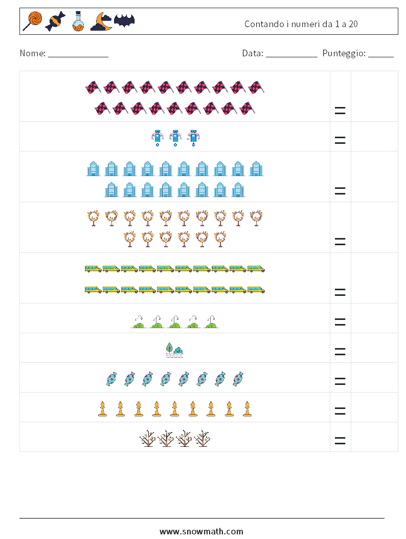 Contando i numeri da 1 a 20 Fogli di lavoro di matematica 2