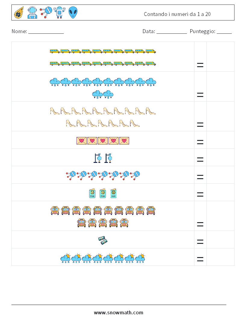 Contando i numeri da 1 a 20 Fogli di lavoro di matematica 3