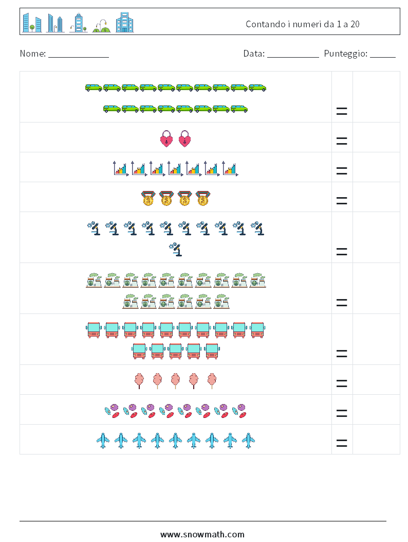 Contando i numeri da 1 a 20 Fogli di lavoro di matematica 4