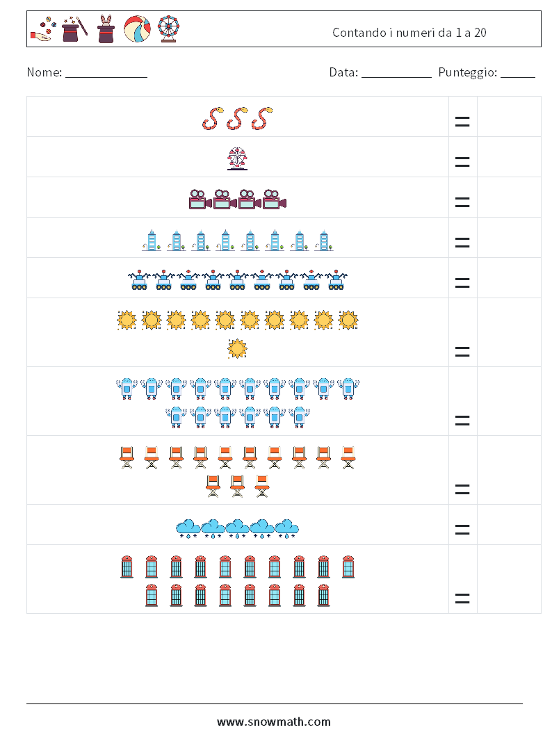 Contando i numeri da 1 a 20 Fogli di lavoro di matematica 5
