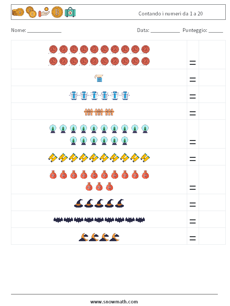 Contando i numeri da 1 a 20 Fogli di lavoro di matematica 6