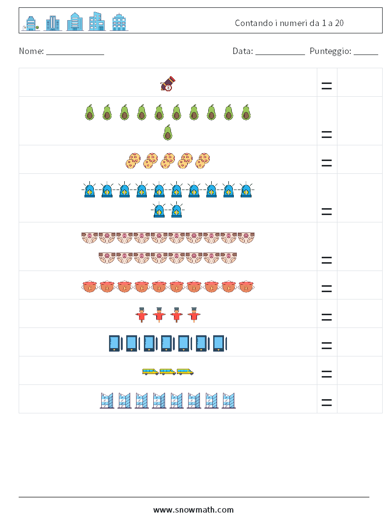 Contando i numeri da 1 a 20 Fogli di lavoro di matematica 7