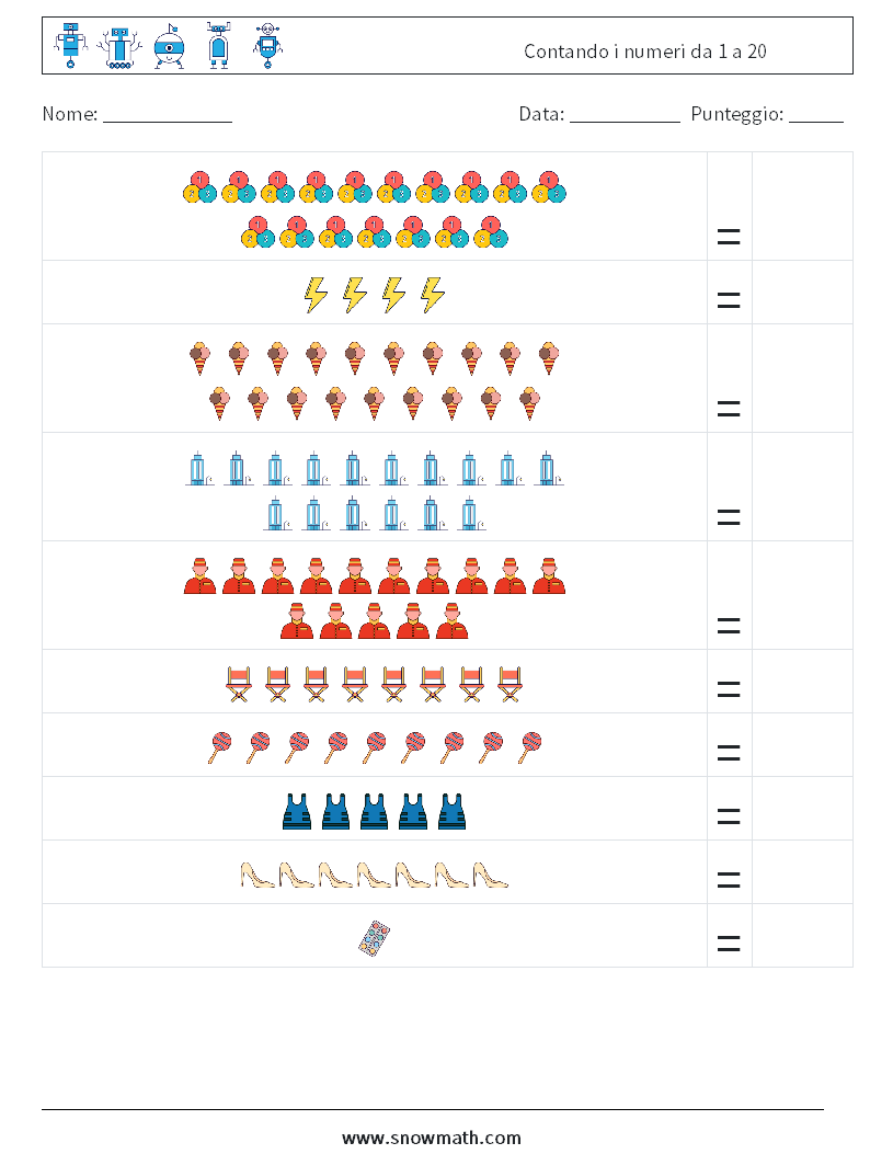 Contando i numeri da 1 a 20 Fogli di lavoro di matematica 8