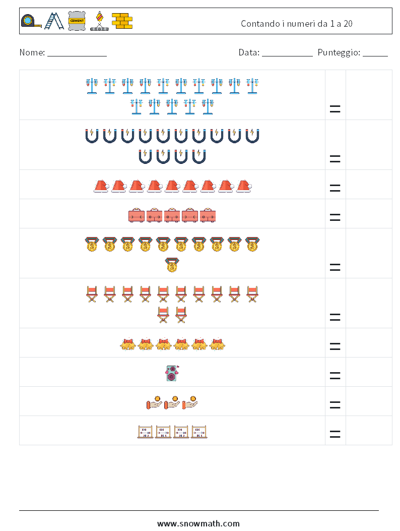 Contando i numeri da 1 a 20 Fogli di lavoro di matematica 9