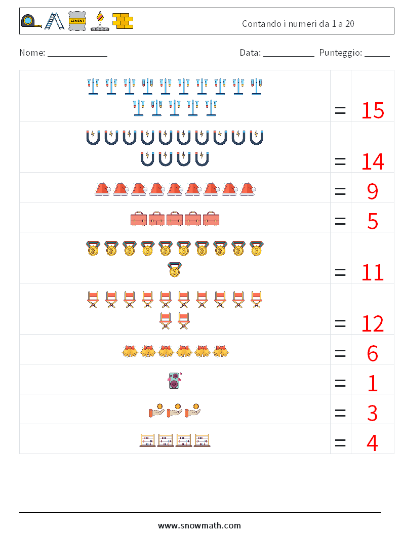 Contando i numeri da 1 a 20 Fogli di lavoro di matematica 9 Domanda, Risposta