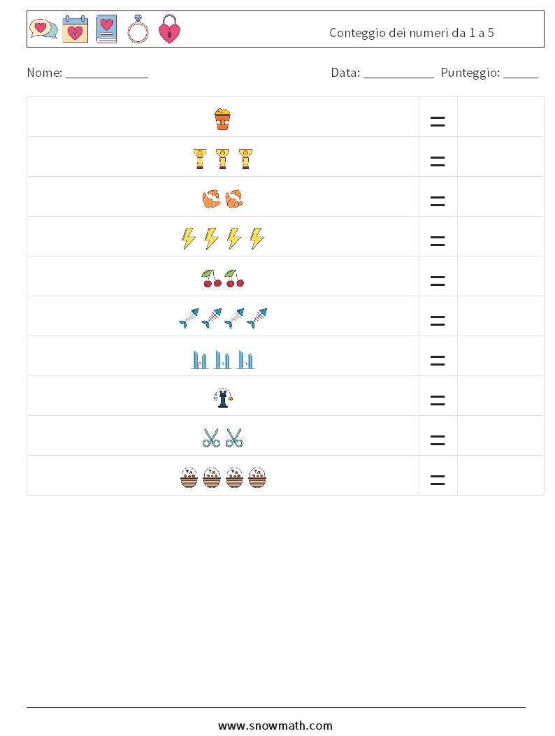Conteggio dei numeri da 1 a 5 Fogli di lavoro di matematica 10