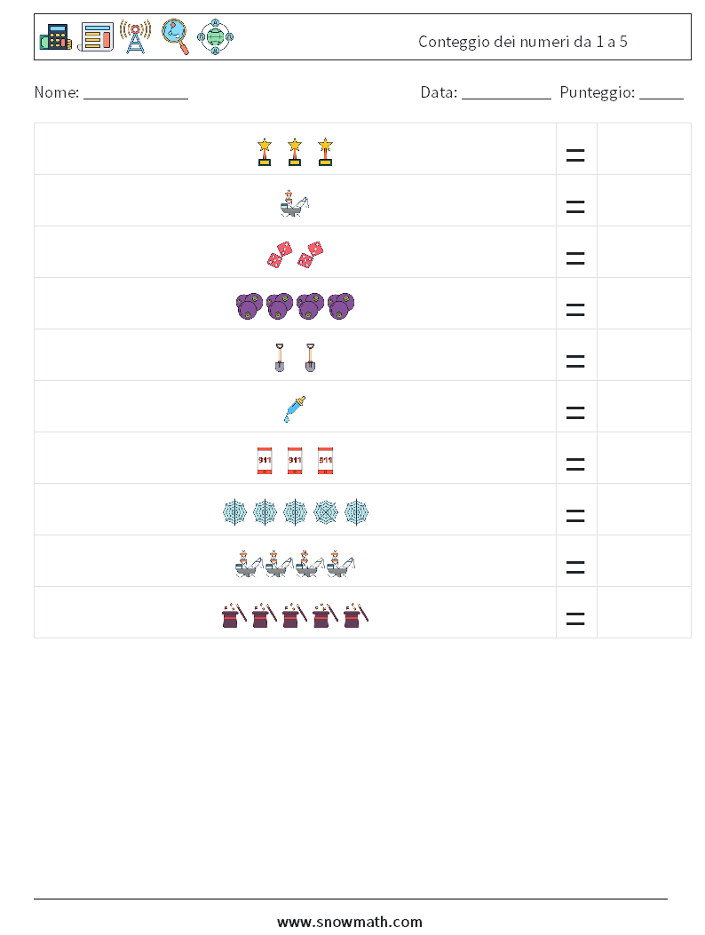 Conteggio dei numeri da 1 a 5 Fogli di lavoro di matematica 12