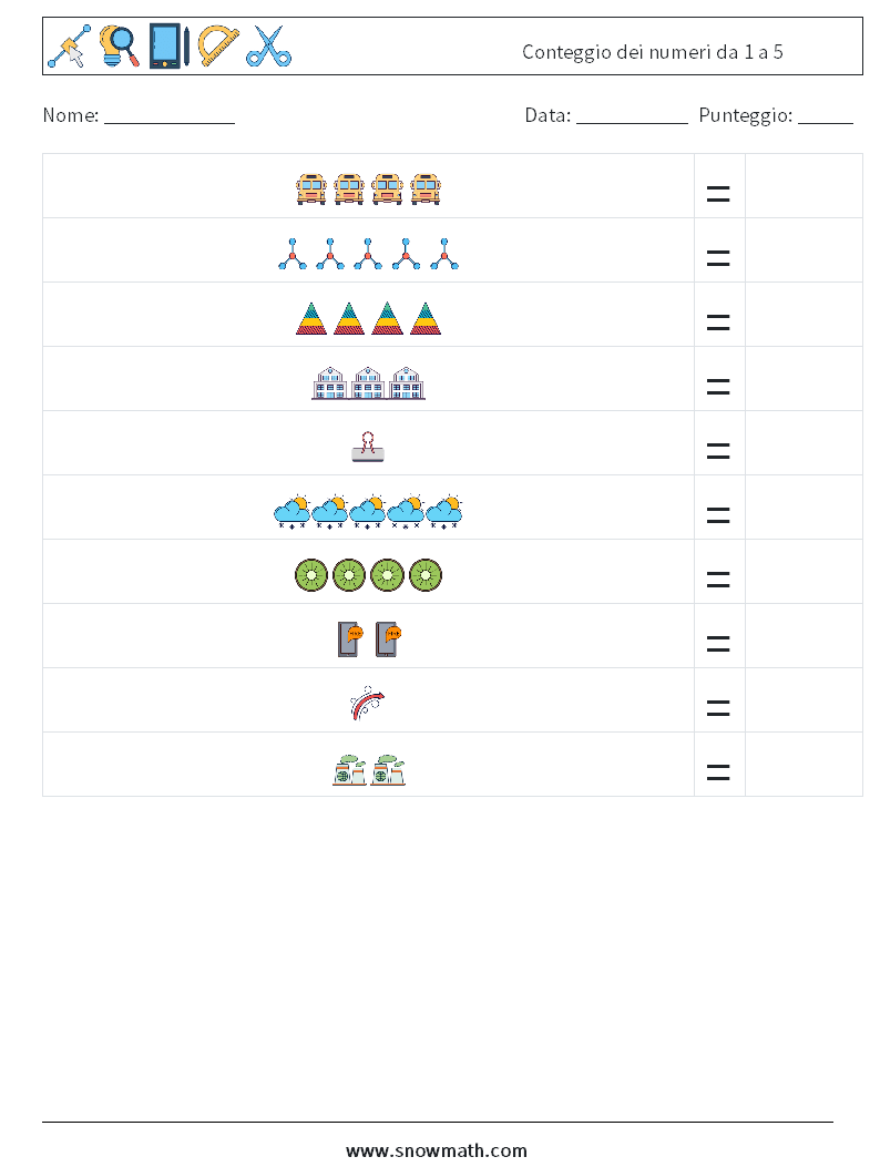 Conteggio dei numeri da 1 a 5 Fogli di lavoro di matematica 16