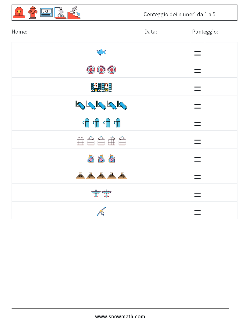 Conteggio dei numeri da 1 a 5 Fogli di lavoro di matematica 18